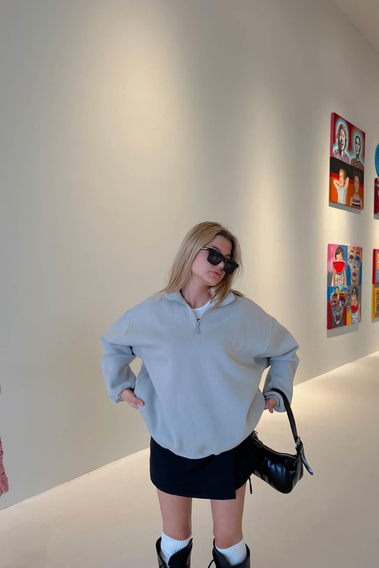Fermuarlı Oversize Sweatshirt Gri