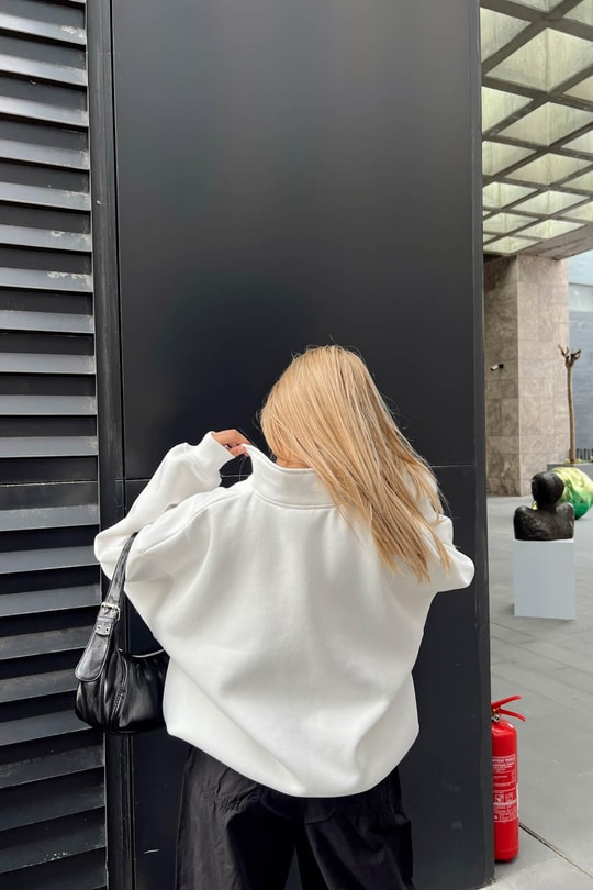 Fermuarlı Oversize Sweatshirt Beyaz