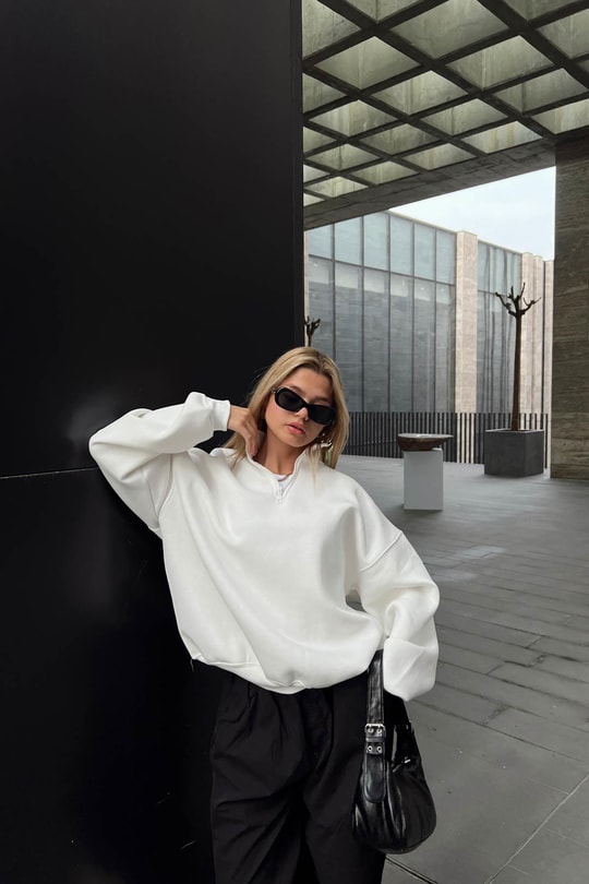 Fermuarlı Oversize Sweatshirt Beyaz