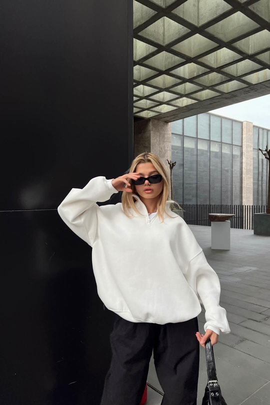 Fermuarlı Oversize Sweatshirt Beyaz