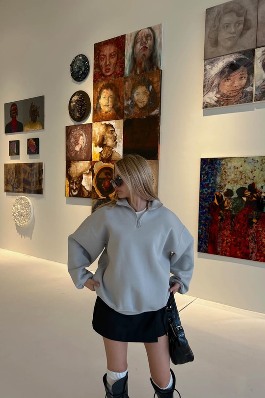 Fermuarlı Oversize Sweatshirt Gri
