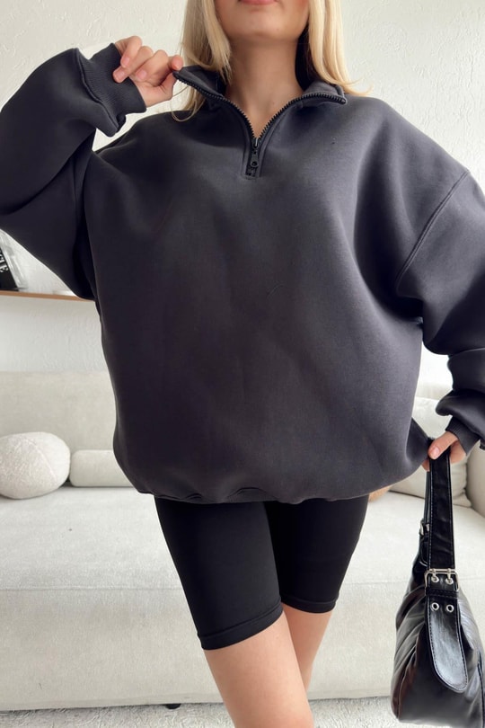 Fermuarlı Oversize Sweatshirt Antrasit