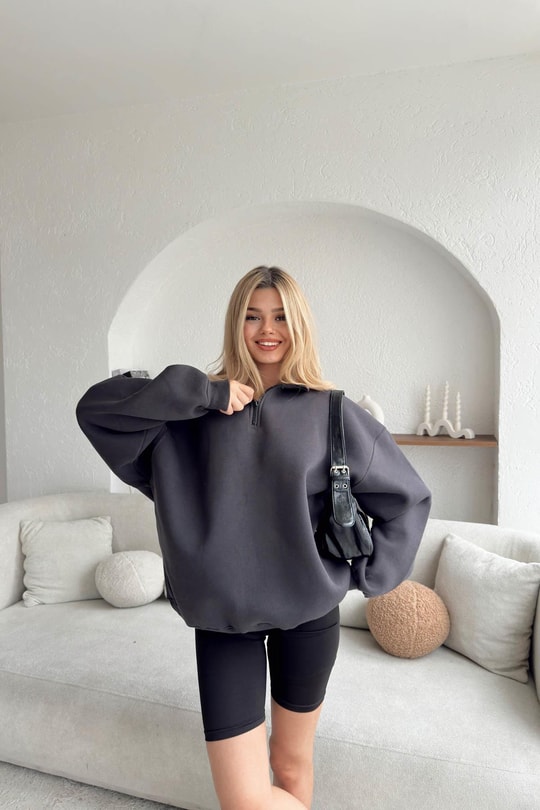 Fermuarlı Oversize Sweatshirt Antrasit