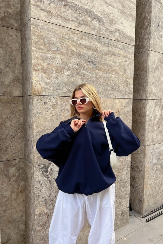 Fermuarlı Oversize Sweatshirt Lacivert