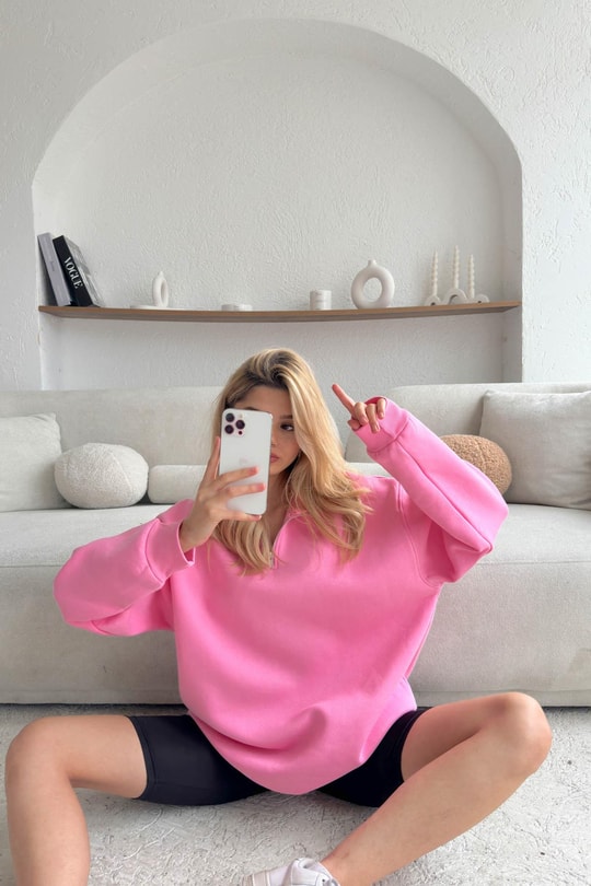 Fermuarlı Oversize Sweatshirt Pembe
