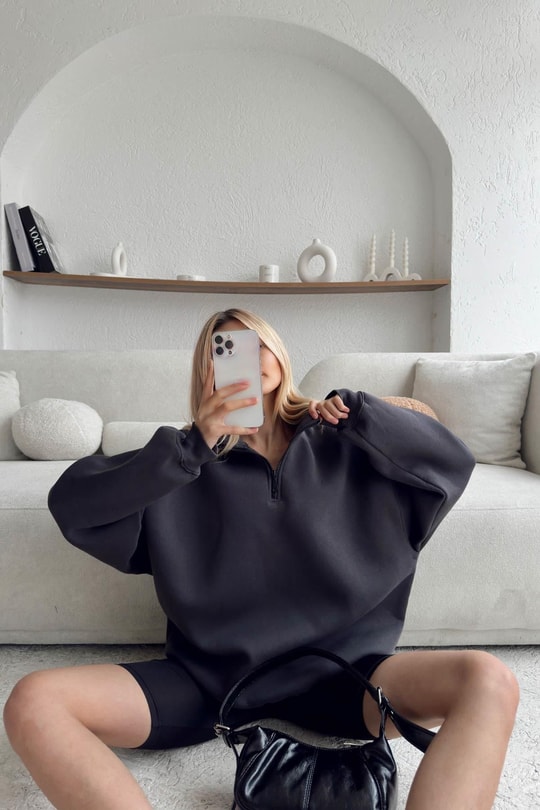 Fermuarlı Oversize Sweatshirt Antrasit