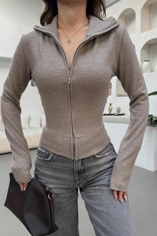 Fermuarlı Triko Sweat Vizon