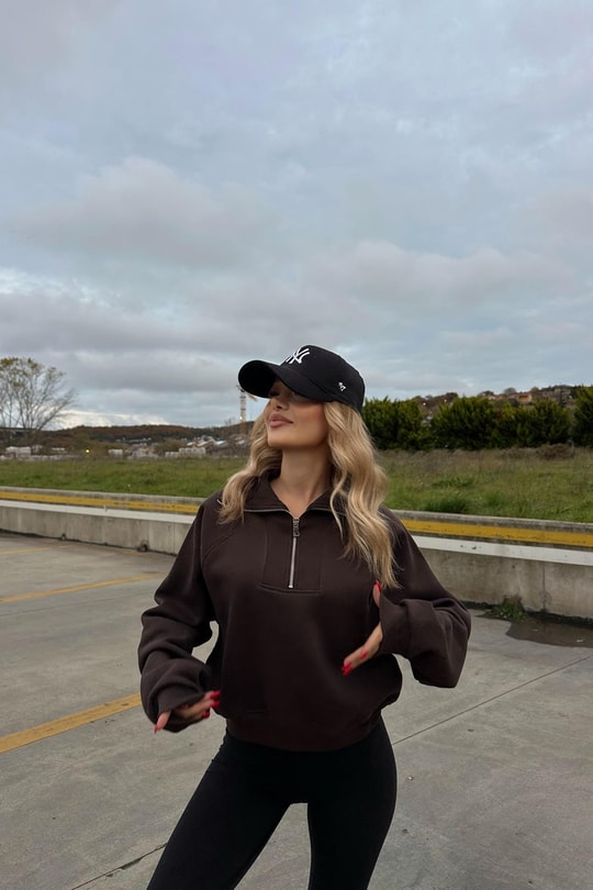 Fermuarlı Zip Detay Crop Sweatshirt Kahve