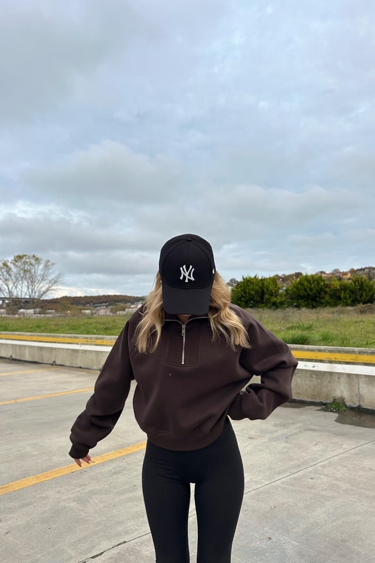 Fermuarlı Zip Detay Crop Sweatshirt Kahve
