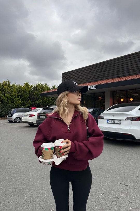 Fermuarlı Zip Detay Crop Sweatshirt Bordo