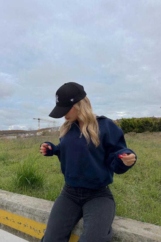 Fermuarlı Zip Detay Crop Sweatshirt Lacivert