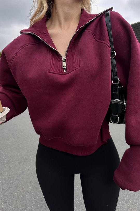 Fermuarlı Zip Detay Crop Sweatshirt Bordo