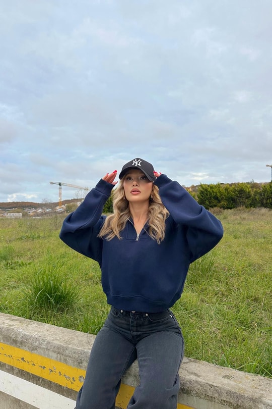 Fermuarlı Zip Detay Crop Sweatshirt Lacivert