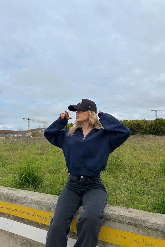 Fermuarlı Zip Detay Crop Sweatshirt Lacivert