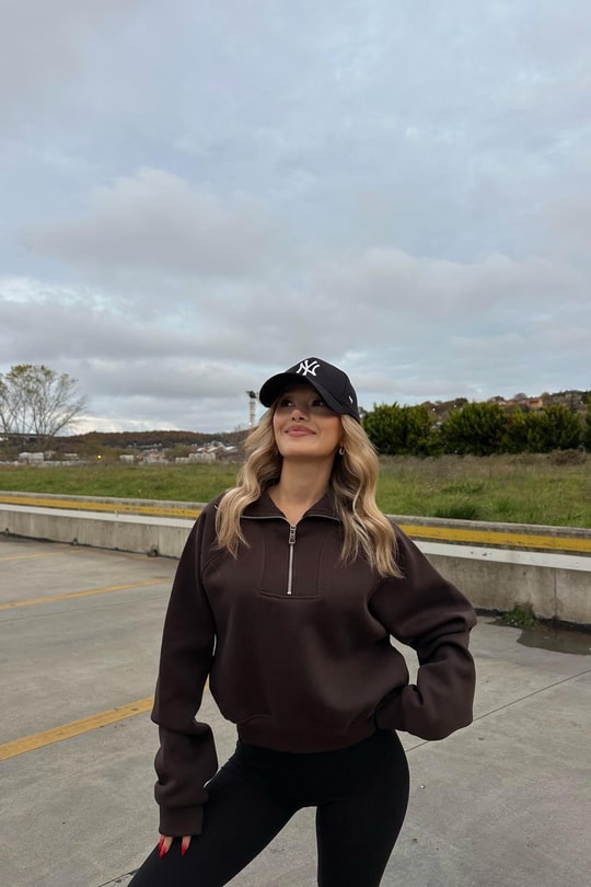Fermuarlı Zip Detay Crop Sweatshirt Kahve