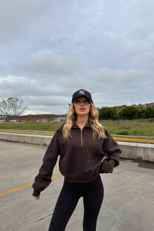 Fermuarlı Zip Detay Crop Sweatshirt Kahve