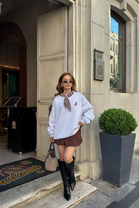 Fular Aksesuarlı Sweatshirt Gri Melanj