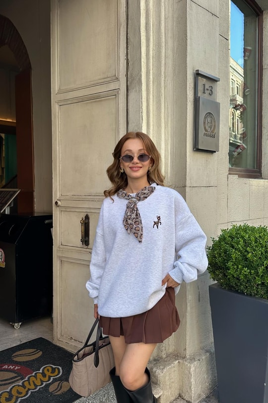 Fular Aksesuarlı Sweatshirt Gri Melanj