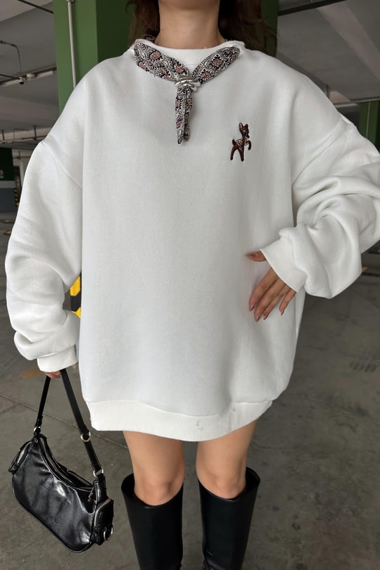 Fular Yaka Sweatshirt Beyaz