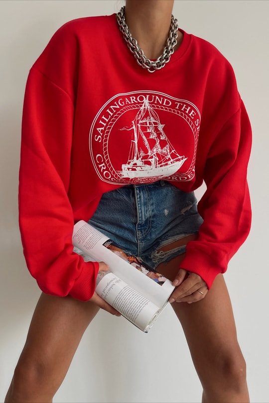 Gemi Baskılı Sweatshirt Kırmızı