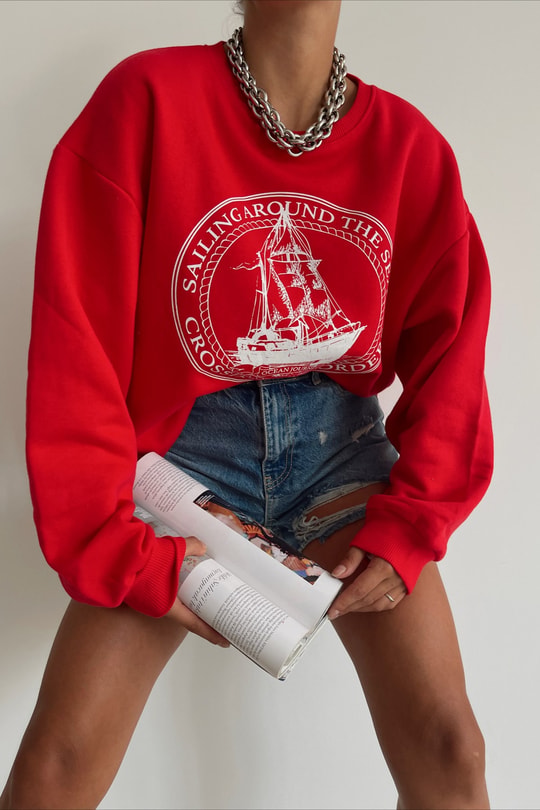 Gemi Baskılı Sweatshirt Kırmızı