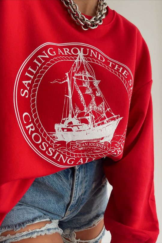 Gemi Baskılı Sweatshirt Kırmızı