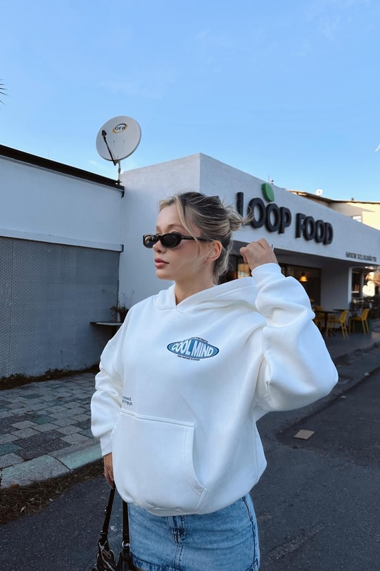 Grafik Baskılı Oversize Sweatshirt Ekru
