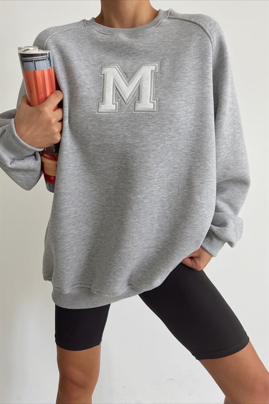 Harf Nakışlı Sweatshirt Gri