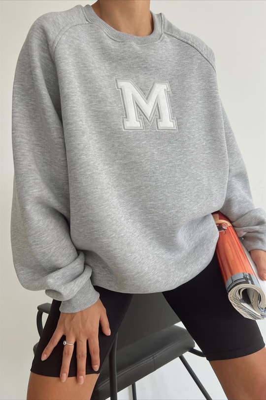Harf Nakışlı Sweatshirt Gri