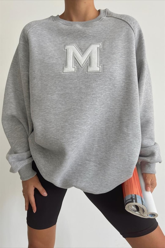 Harf Nakışlı Sweatshirt Gri