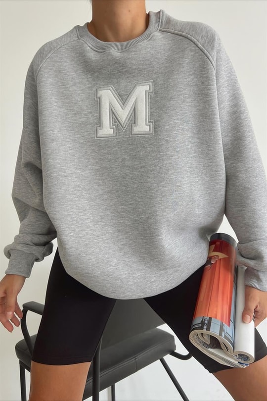 Harf Nakışlı Sweatshirt Gri