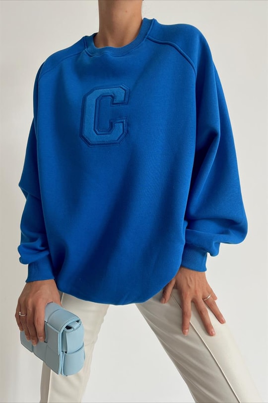 Harf Nakışlı Sweatshirt Saks Mavisi