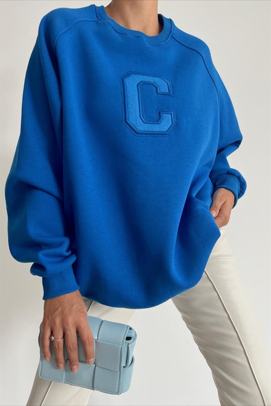 Harf Nakışlı Sweatshirt Saks Mavisi