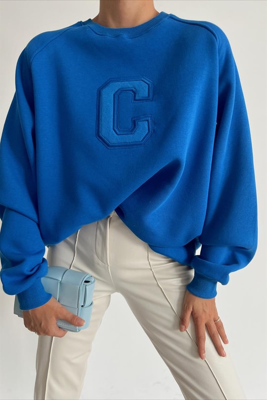 Harf Nakışlı Sweatshirt Saks Mavisi