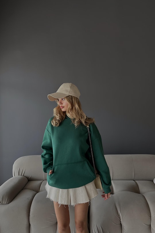 Kanguru Cepli Kapüşonlu Sweatshirt Zümrüt Yeşili