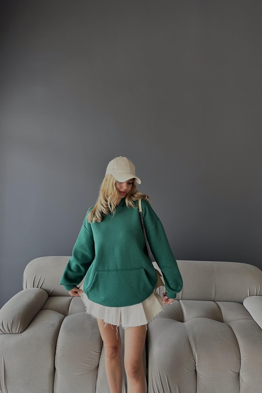 Kanguru Cepli Kapüşonlu Sweatshirt Zümrüt Yeşili