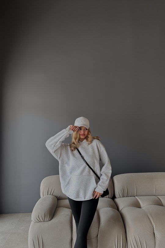 Kanguru Cepli Kapüşonlu Sweatshirt Gri