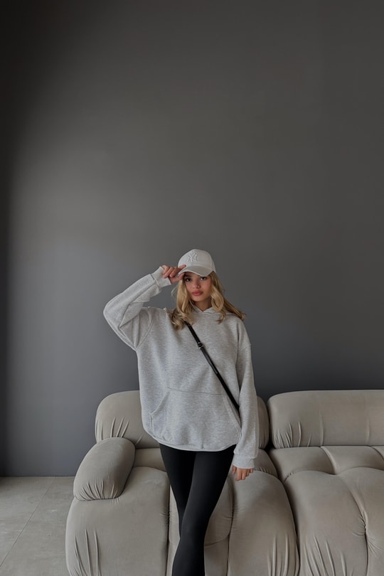 Kanguru Cepli Kapüşonlu Sweatshirt Gri