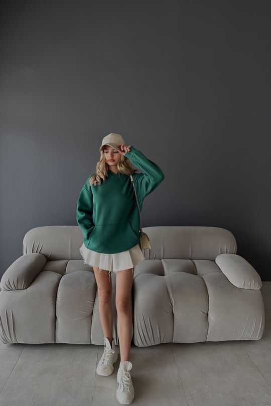 Kanguru Cepli Kapüşonlu Sweatshirt Zümrüt Yeşili