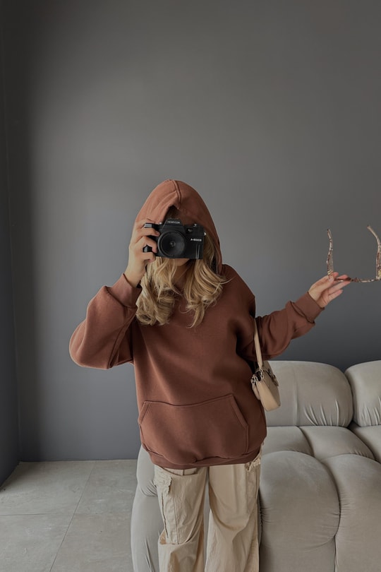 Kanguru Cepli Kapüşonlu Sweatshirt Kahve