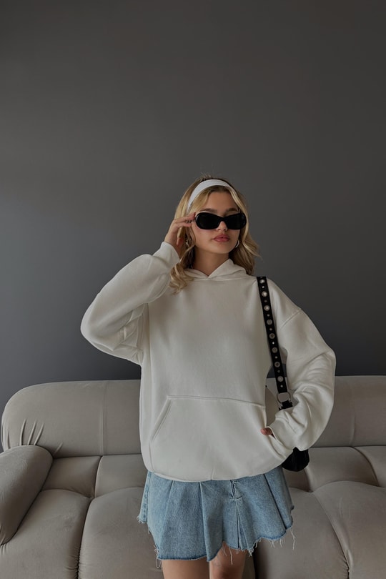 Kanguru Cepli Kapüşonlu Sweatshirt Beyaz