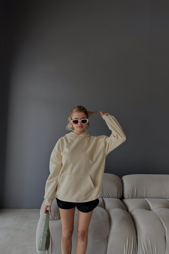 Kanguru Cepli Kapüşonlu Sweatshirt Krem