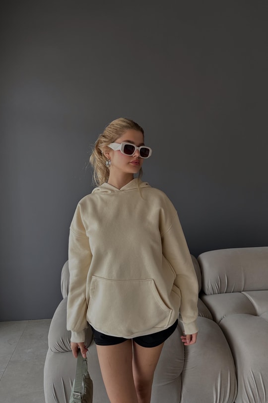 Kanguru Cepli Kapüşonlu Sweatshirt Krem