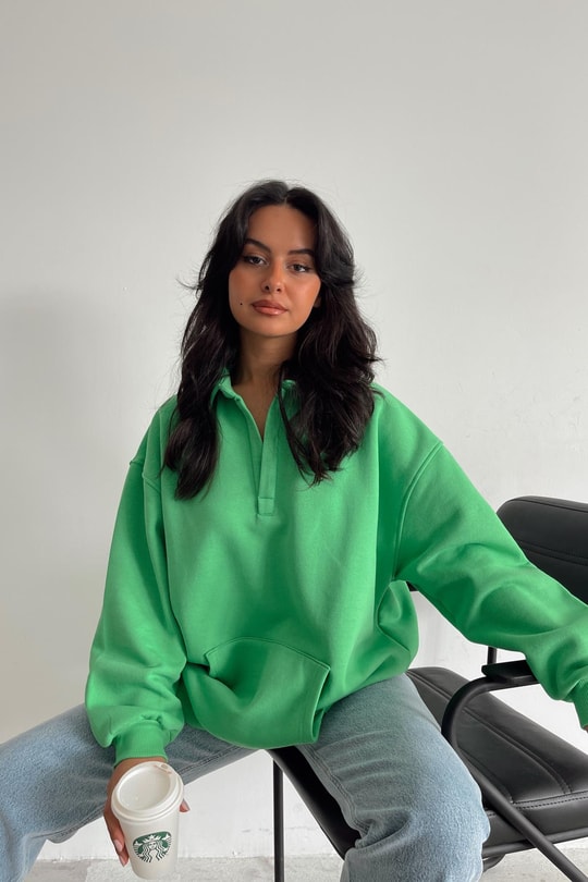 Kanguru Cepli Polo Yaka Sweat Yeşil