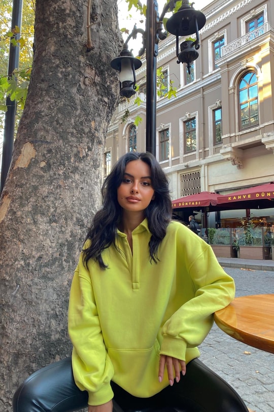 Kanguru Cepli Polo Yaka Sweat Neon Yeşil