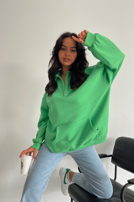 Kanguru Cepli Polo Yaka Sweat Yeşil