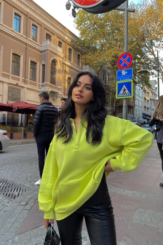 Kanguru Cepli Polo Yaka Sweat Neon Yeşil