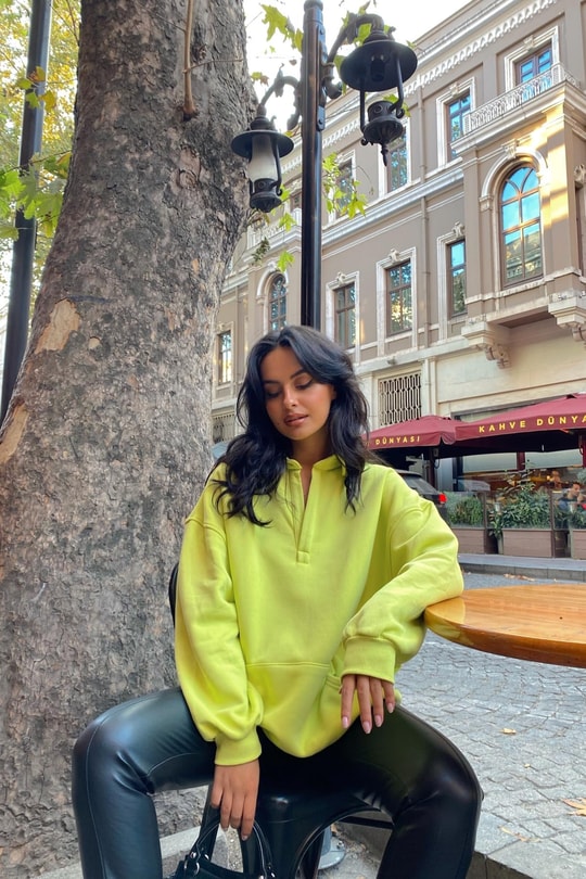 Kanguru Cepli Polo Yaka Sweat Neon Yeşil