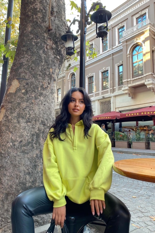 Kanguru Cepli Polo Yaka Sweat Neon Yeşil