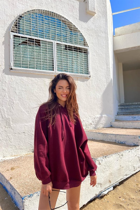 Kapüşonlu Basic Oversize Sweatshirt Bordo
